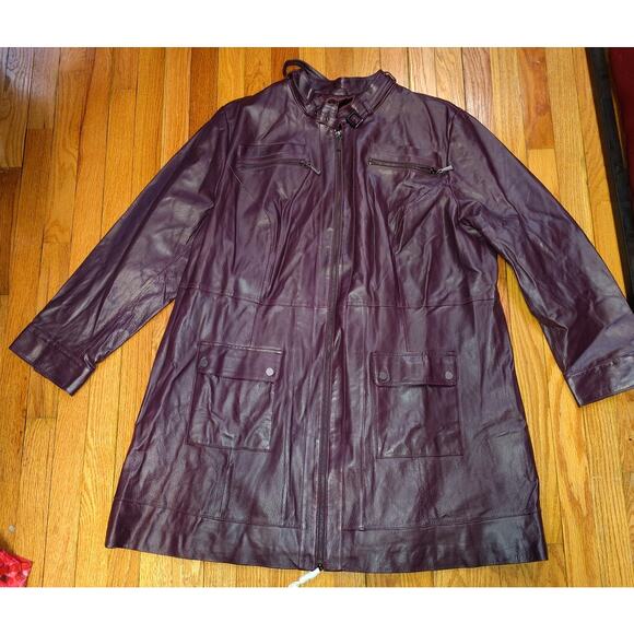 Jessica London Burgundy Leather long Jacket Sz 26 - Picture 8 of 8